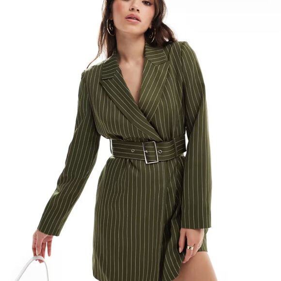 Extro & Vert Belted Mini Blazer Dress (Green with Khaki Stripes) - NWT - Picture 2 of 7